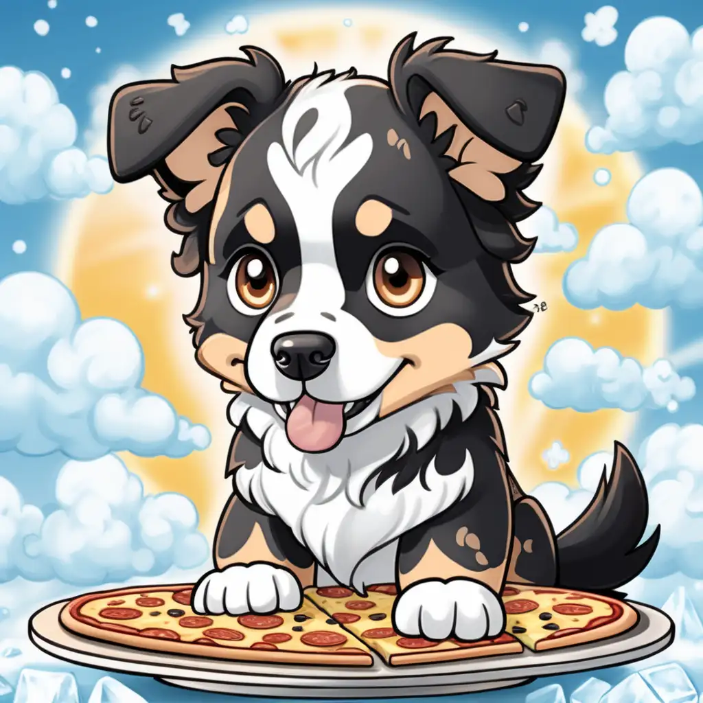 Highly detailed Image in the style of Chibi of a male character named Maximus. Maximus is a Mini Australian Shepherd dog with very short hair, white paws, really black eyes, and a black nose, eating pizza and bowls of ice cream in a setting that resembles heaven, with clouds all around and a very happy