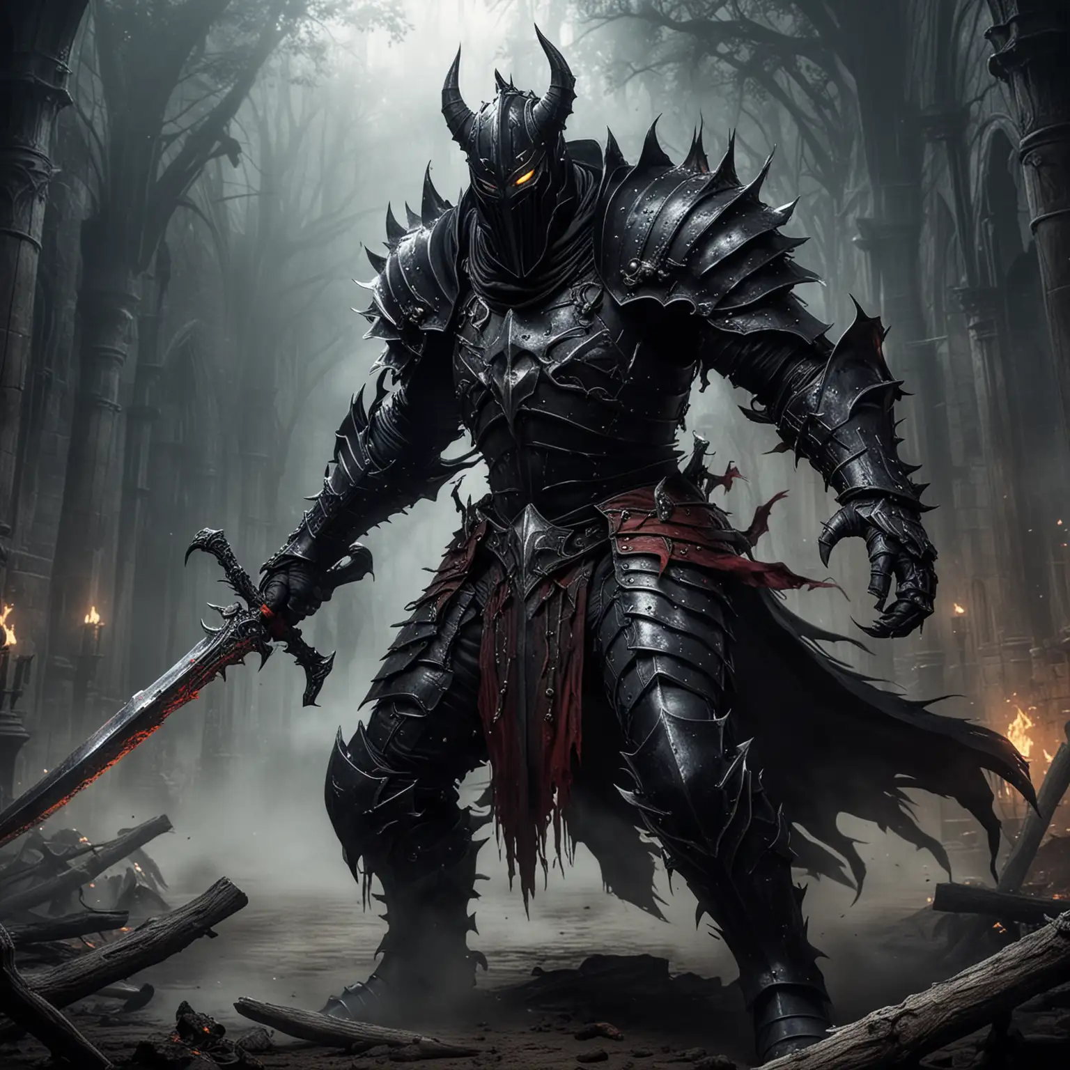 Gothic Black Knight Battling a Monster