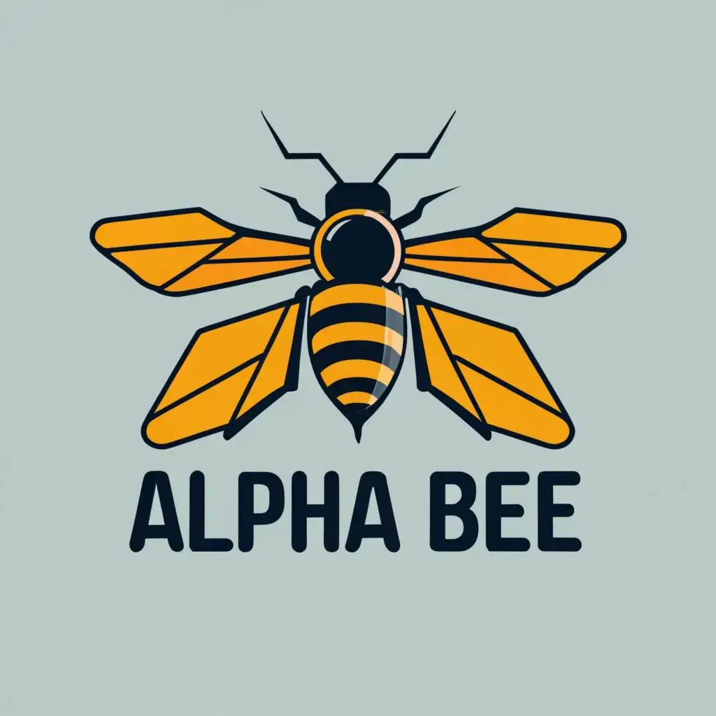 logo, A robotic Bee and the name ALPHA BEE, with the text "ALPHA BEE", typography