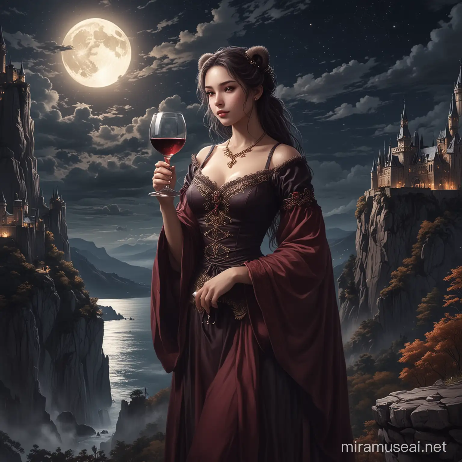 Artio THE BEAR GODDESS,The image appears to be a painting of a person wearing a garment with a bear.Vampire,The image is of a woman holding a glass of wine. The woman's appearance is described as having elements of anime, CG artwork, and gothic subculture.The image is a digital composite featuring a castle perched on a cliff under a night sky with a prominent moon. It has an anime style and depicts an outdoor setting.