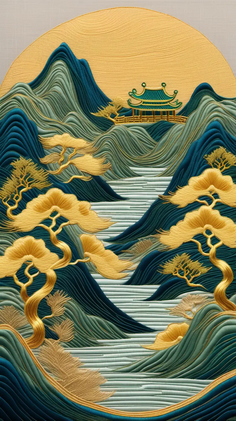 chinese embroidery craft of one golden-blue-green mountain with one pavilion and trees, gilding, flowing liquid gold, minimalist color field, freehand brushwork, blank-leaving, organic form, simple background