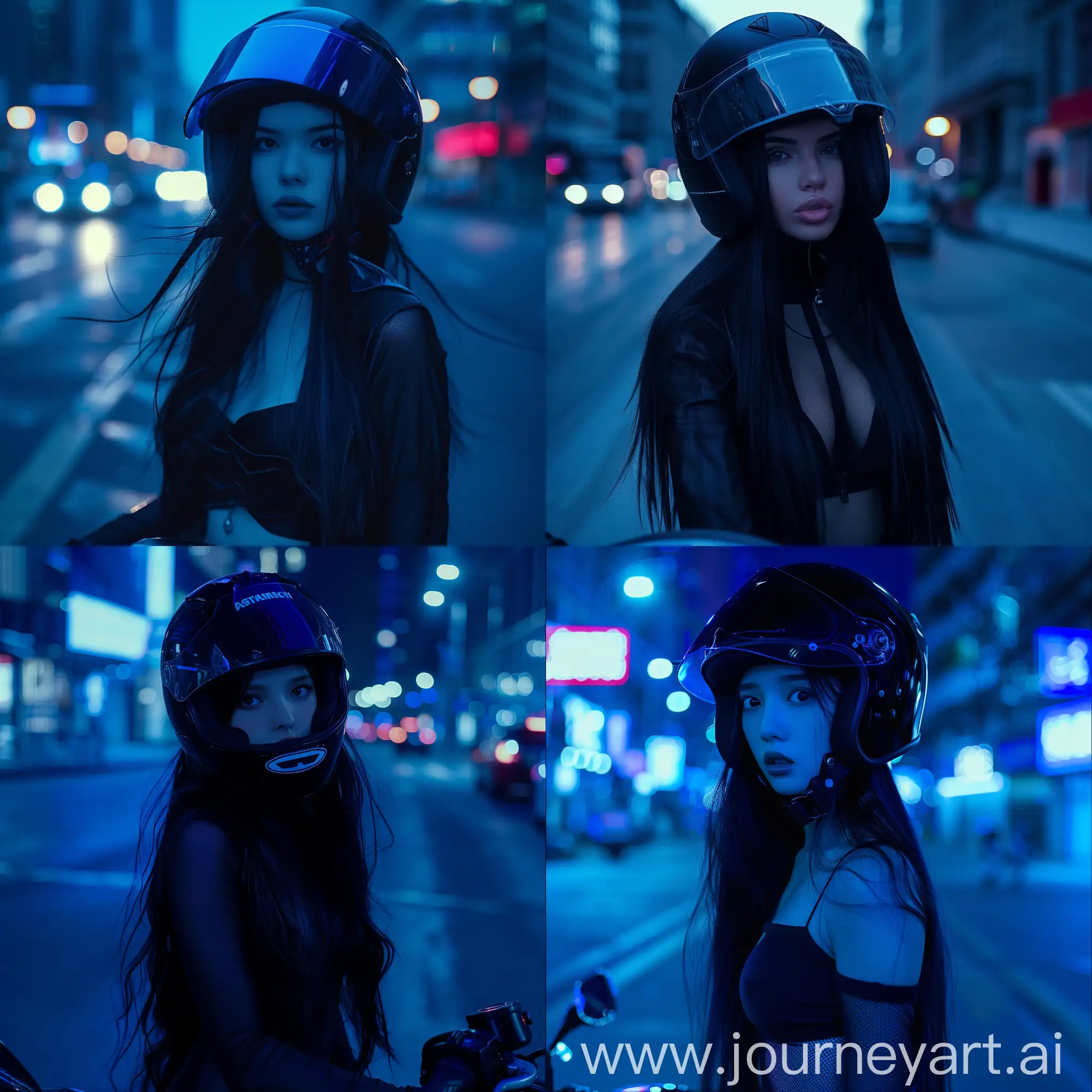 Urban-Chic-Stylish-Girl-with-Long-Black-Hair-and-Motorcycle-Helmet-in-City-Lights