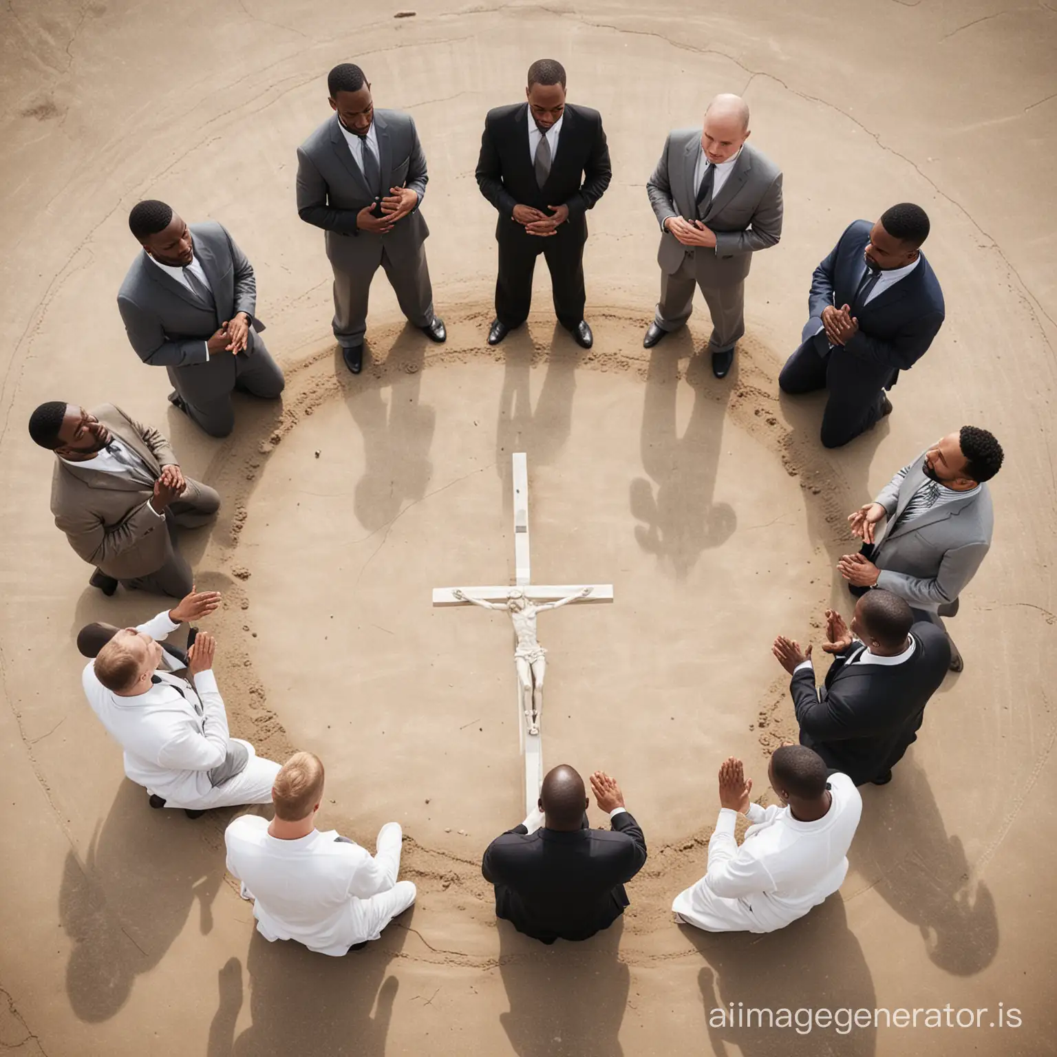 Crucified white man with religious black men pray in circle