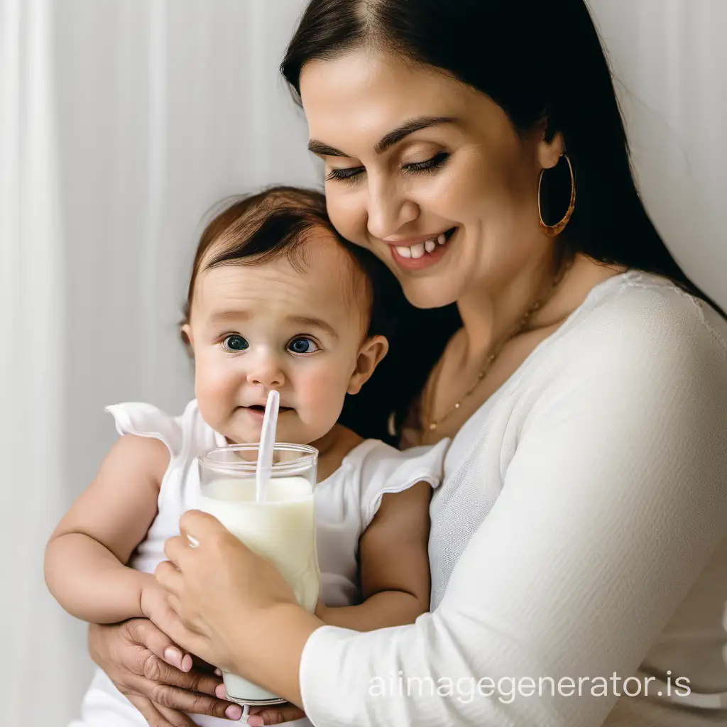 a baby girl and with mom holding milk glass