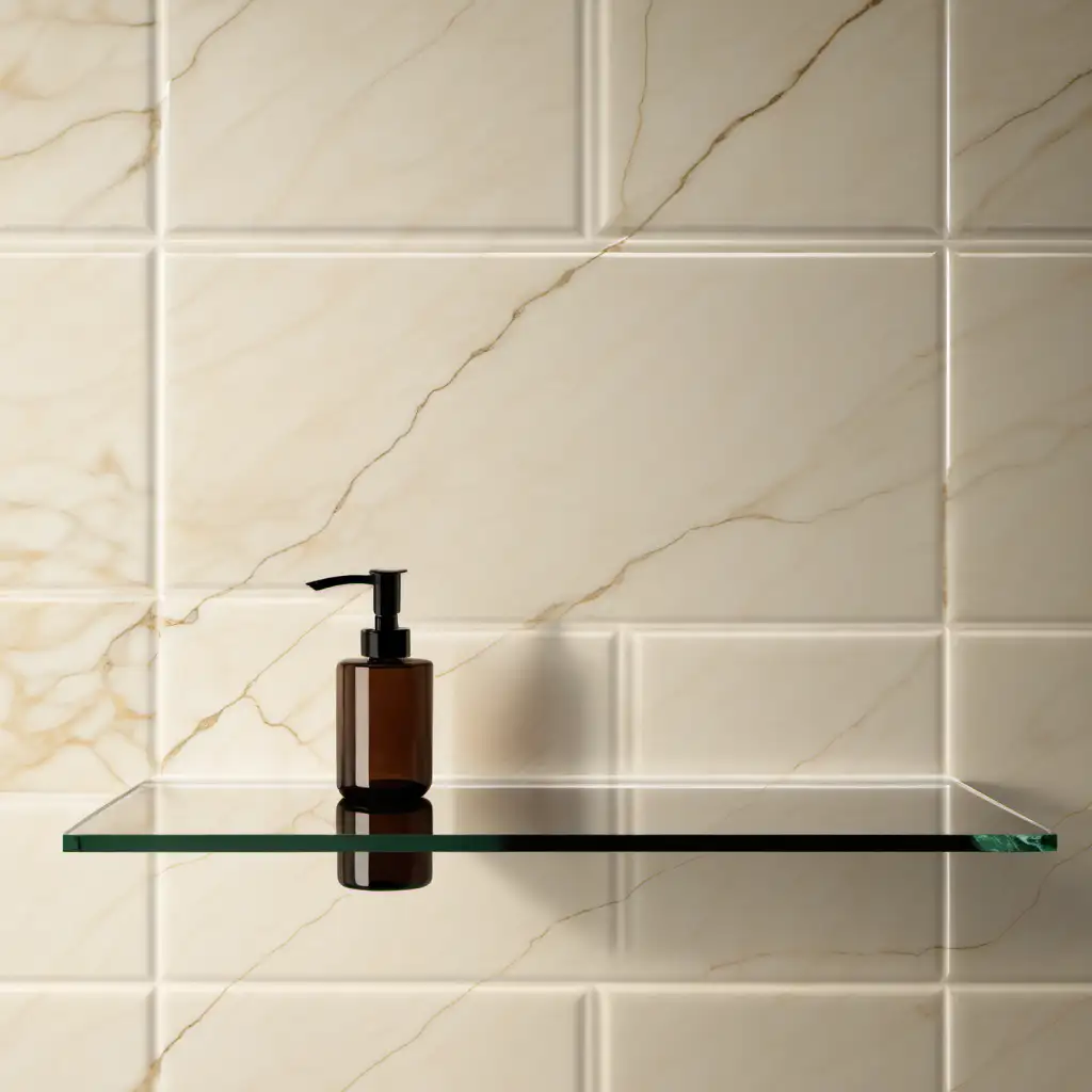 Please generate a simple minimalistic bathroom with cream marble tiles closeup of a glass shelf