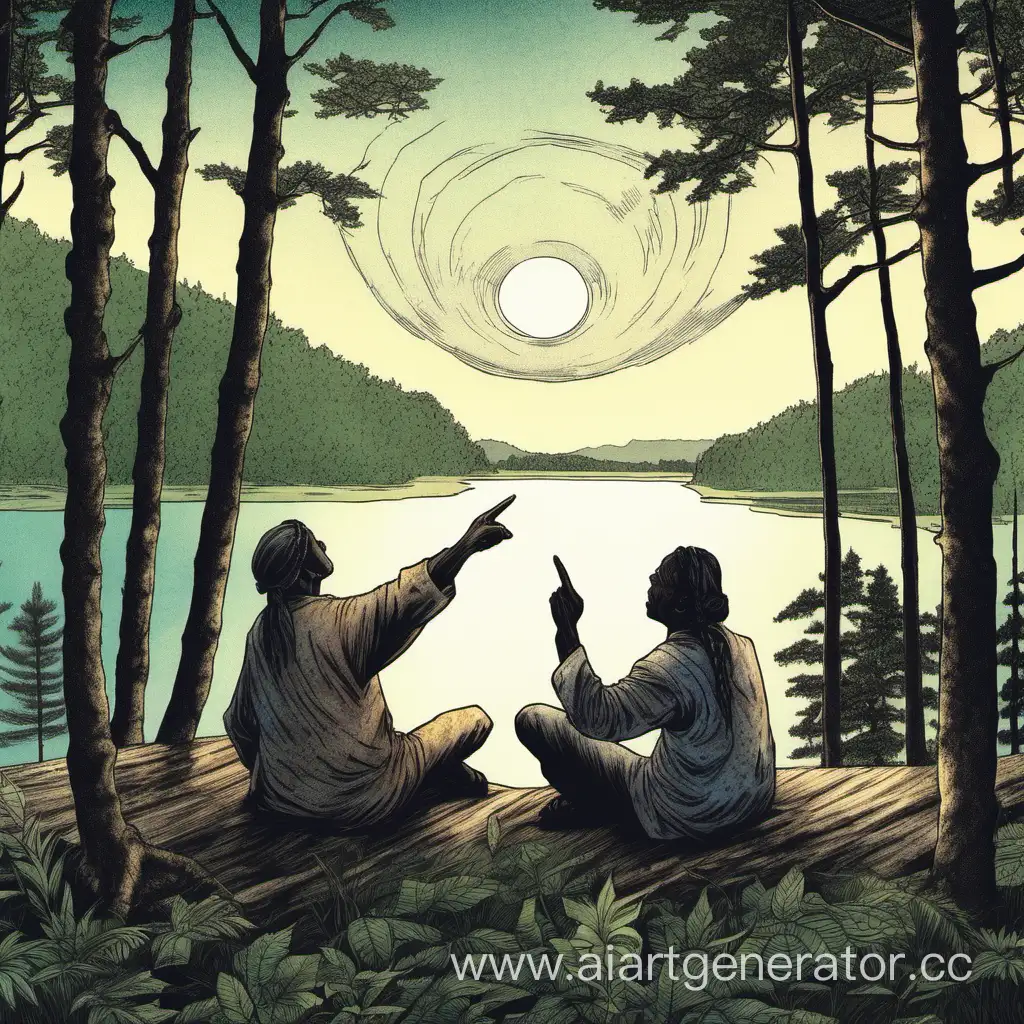 два предка сидят в лесу с видом на озеро, тычат пальцем в небо , будто считают что то
