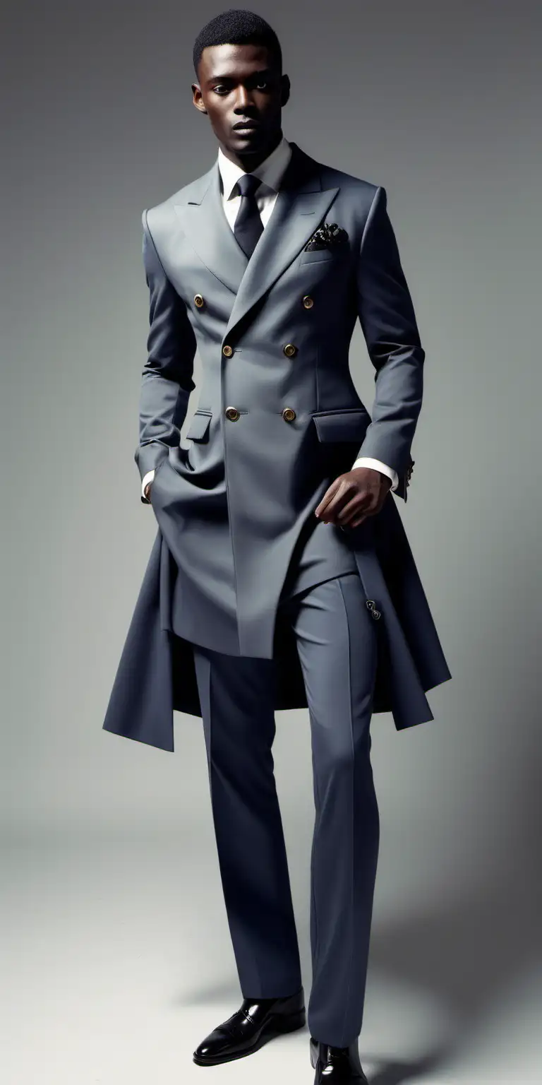 british inspiration, Black double-breasted collar, waist-fit flared long jacket, suit, shirt and pant, man model, full look, light color, haute couture, gray background, classic shoes, London style, men outfit, modern fashion, smart detail, bellboy