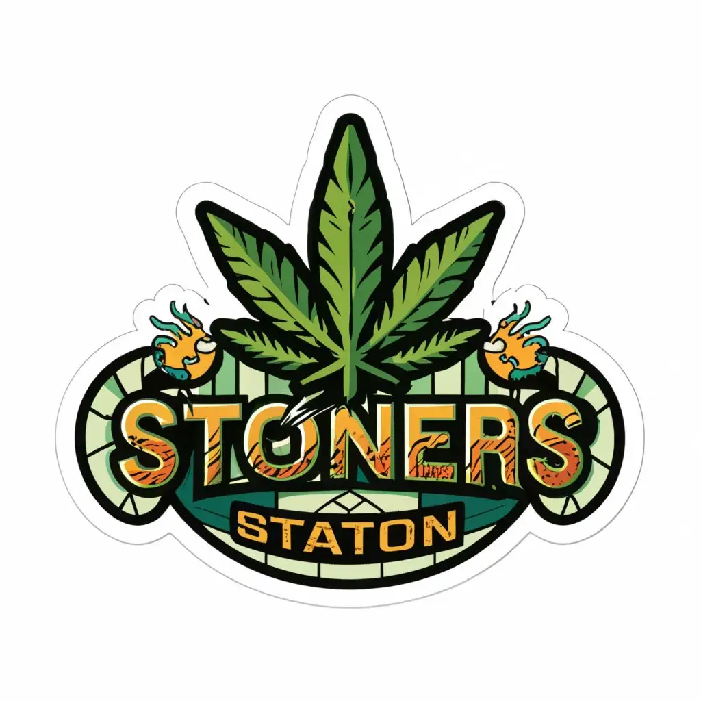 logo, CANNABIS, with the text "/imagine prompt:STONERS STATION, Sticker, Lovely, Bright Colors, mural art style, Contour, Vector, White Background, Detailed", typography