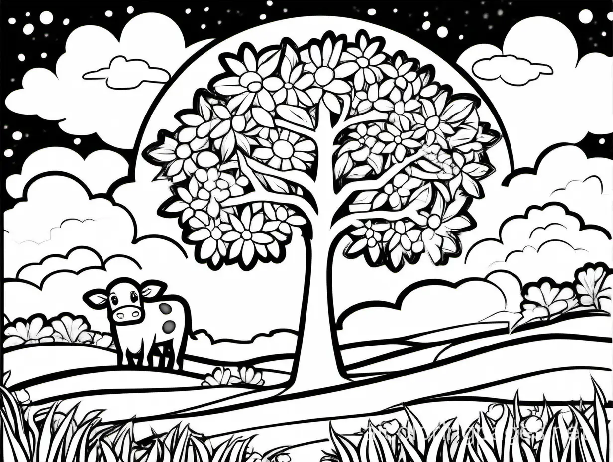 Serene-Summer-Sky-Coloring-Page-with-Floral-Cow-Relaxing-Black-and-White-Line-Art