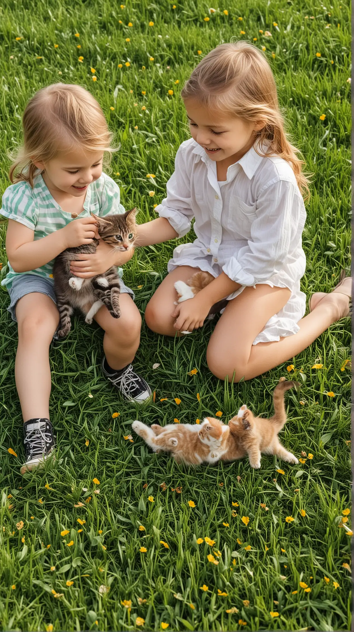 Дівчинка 5 років і хлопчик 6 років граються з котиками на зеленій траві 