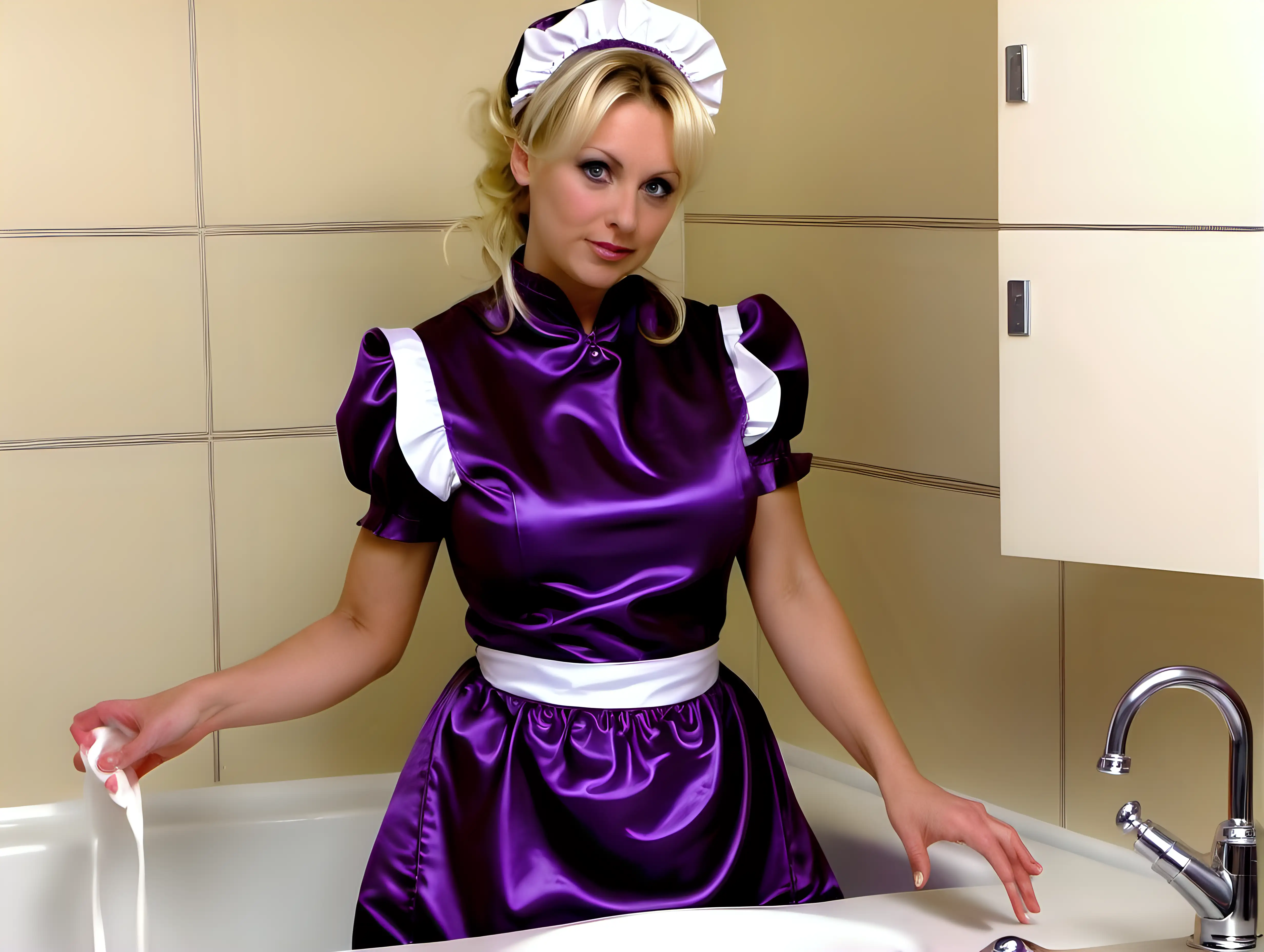 girl in long lila  satin maid uniforms and  milf mothers blonde hair clean bathroom and kitchen