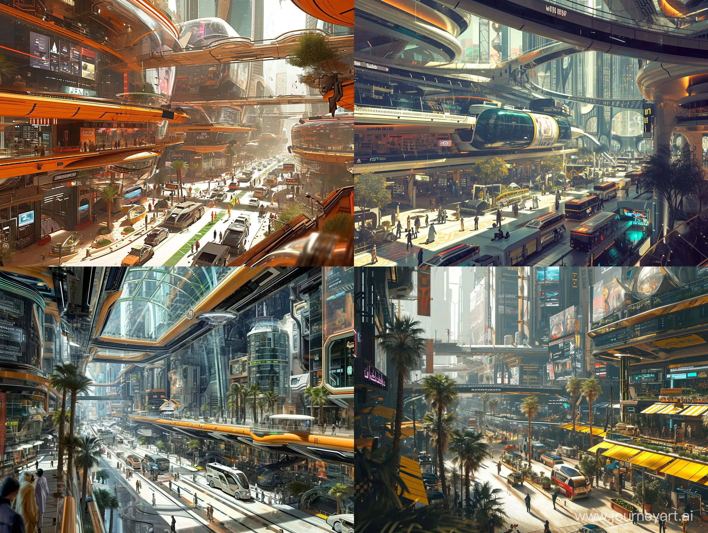 inside of a Futuristic city, gitpunk, dubai city, detailed to precise, sci fi, modern, busy environment, naturalism, vibrant, transportation, cinematic, visuals,

