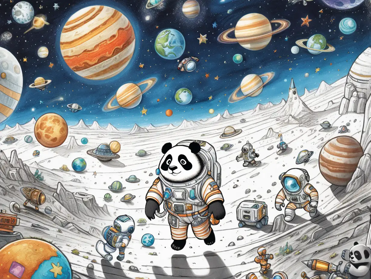 Illustrate a whimsical 'Where's Waldo' space scene. Envision a vibrant cosmic landscape with planets, stars, asteroids, and whimsical aliens. Craft each detail with perfect, crisp lines. Introduce a playful Panda space hero in a spacesuit, riding a tiny rocket between planets. Emphasize the challenge by placing the tiny panda at a distance, a mere fraction of the overall design. Create a delightful quest for viewers to find the elusive Panda space hero amidst cosmic chaos and quirky extraterrestrial characters. Craft an image that sparks curiosity and invites joyous exploration within this whimsical space adventure.
