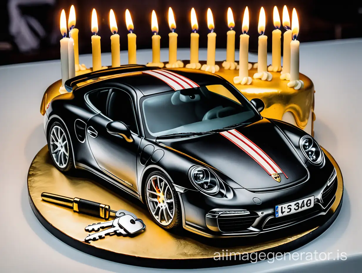 cake with candles . next to it are the keys to the Porsche