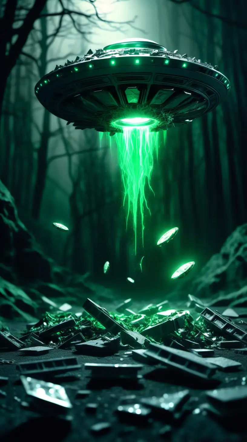 Eerie Alien Residue Digital Art depicting silvery fragments glowing in green, potentially remnants of a UFO. Creating a scene with an eerie and supernatural atmosphere, Inspirations from Fantasy Art, Medium Shot, Cinematic Render, Colorful Lighting