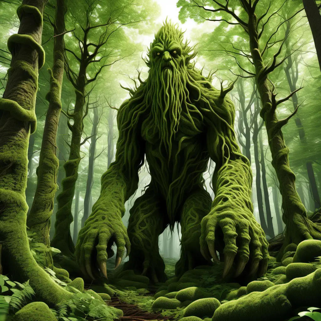 generate a giant tree creature, with a moss beard retreating through thick woods.