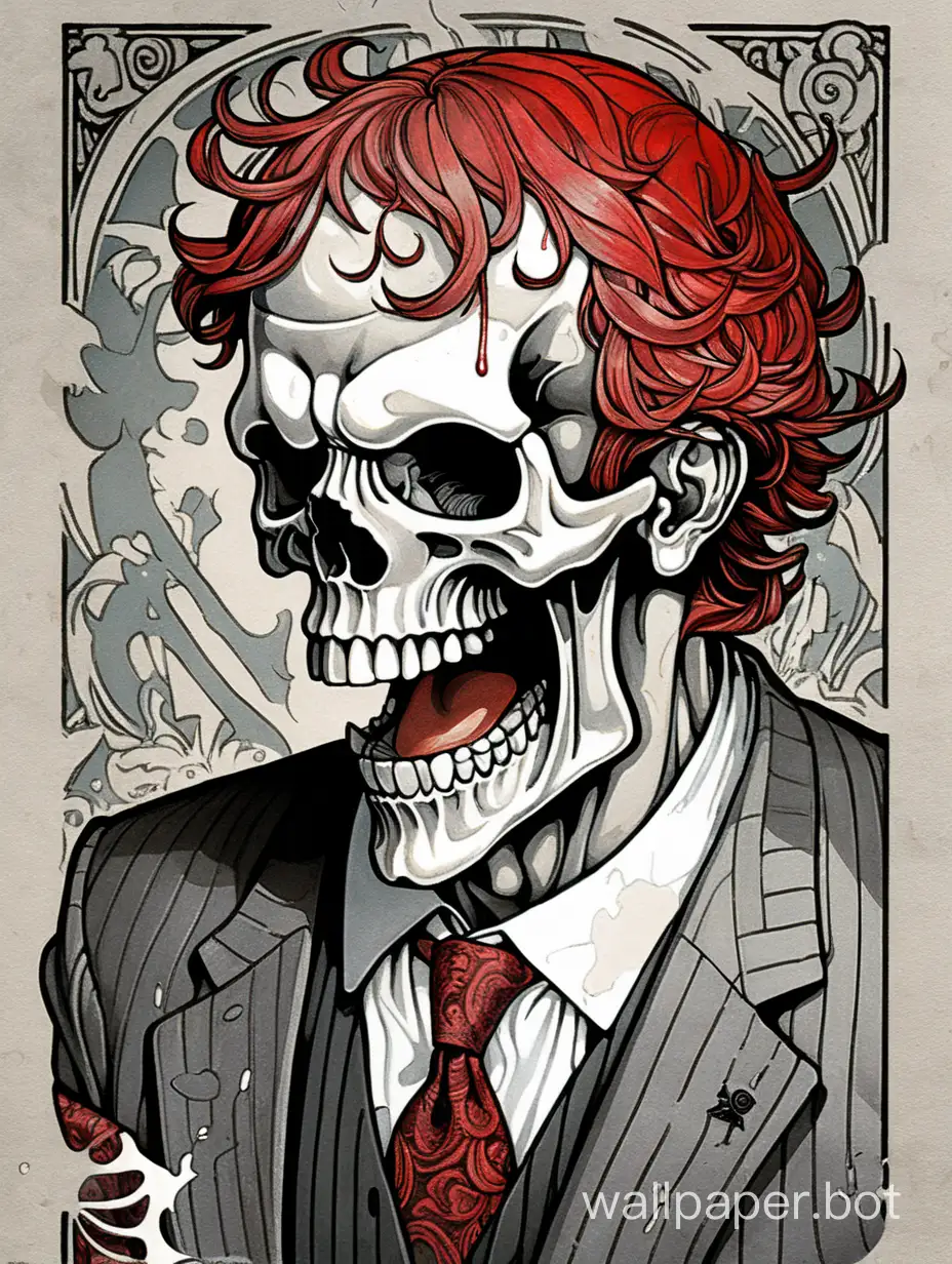 politician, laugh skull face , asymmetrical, Alphonse Mucha poster, dripping paint, comic book, high-textured paper, hyper-detailed lineart , black, gray, red, sticker art