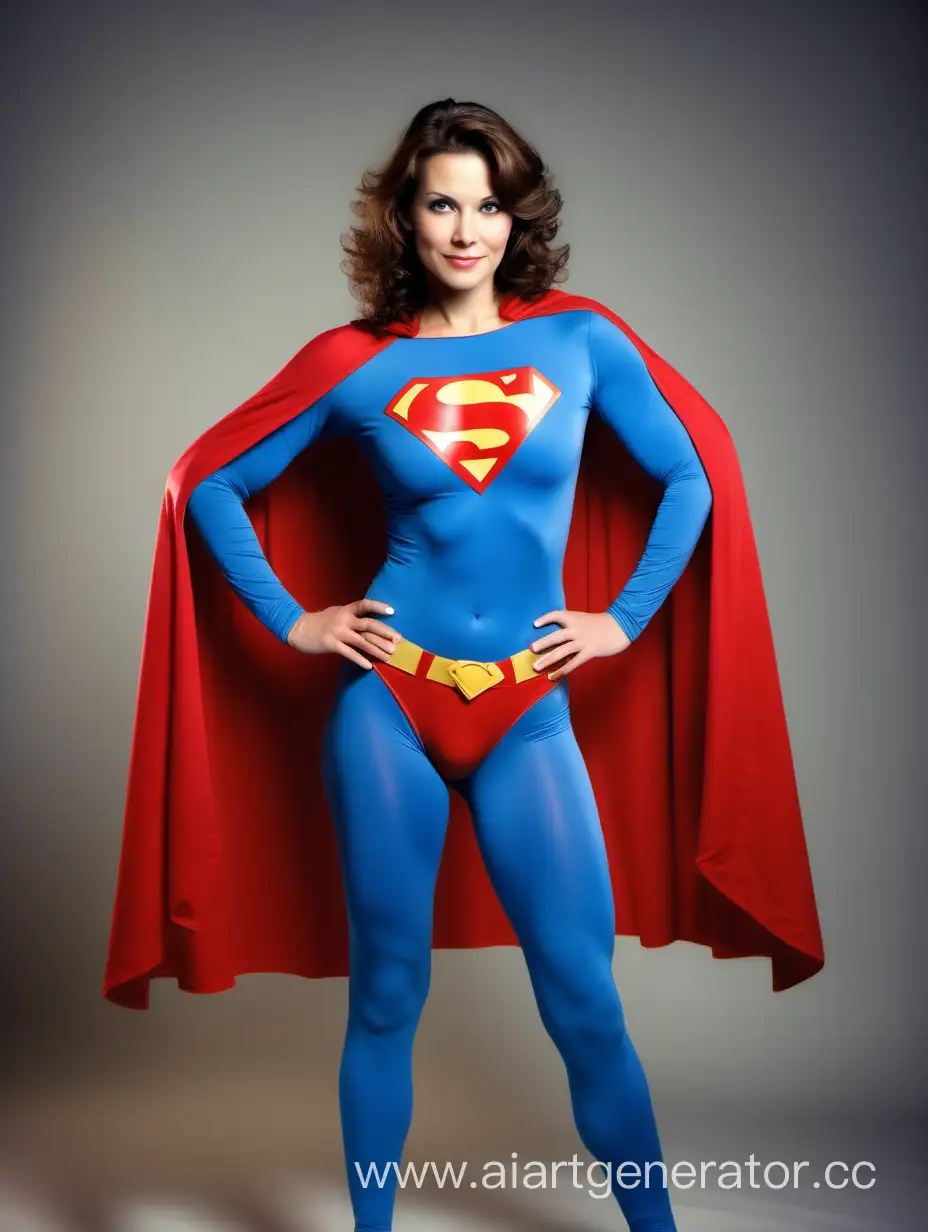A beautiful woman with brown hair, age 36, She is happy and muscular. She is wearing a Superman costume with (blue leggings), (long blue sleeves), red briefs, and a flowing cape. Her costume is made of very soft cotton fabric. The symbol on her chest has no black outlines. She is posed like a superhero, strong and powerful. Bright photo studio. In the style of 1980s movie.