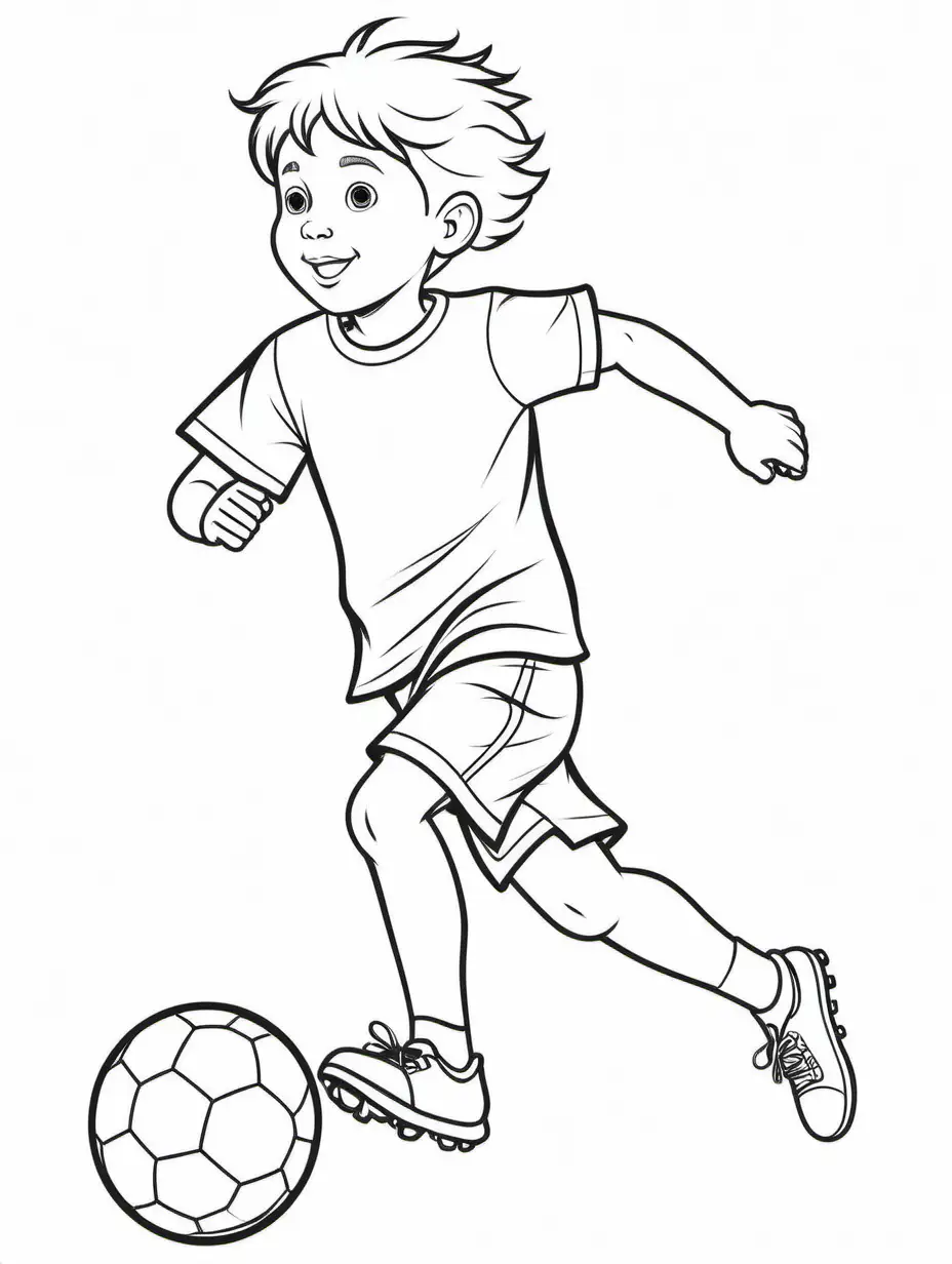 un niño corriendo tras un balón de futbol, Coloring Page, black and white, line art, white background, Simplicity, Ample White Space. The background of the coloring page is plain white to make it easy for young children to color within the lines. The outlines of all the subjects are easy to distinguish, making it simple for kids to color without too much difficulty