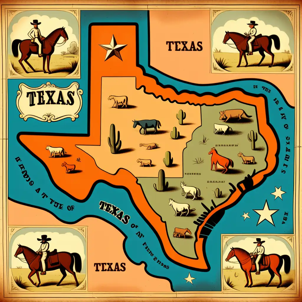 1800s cartoon style map of Texas