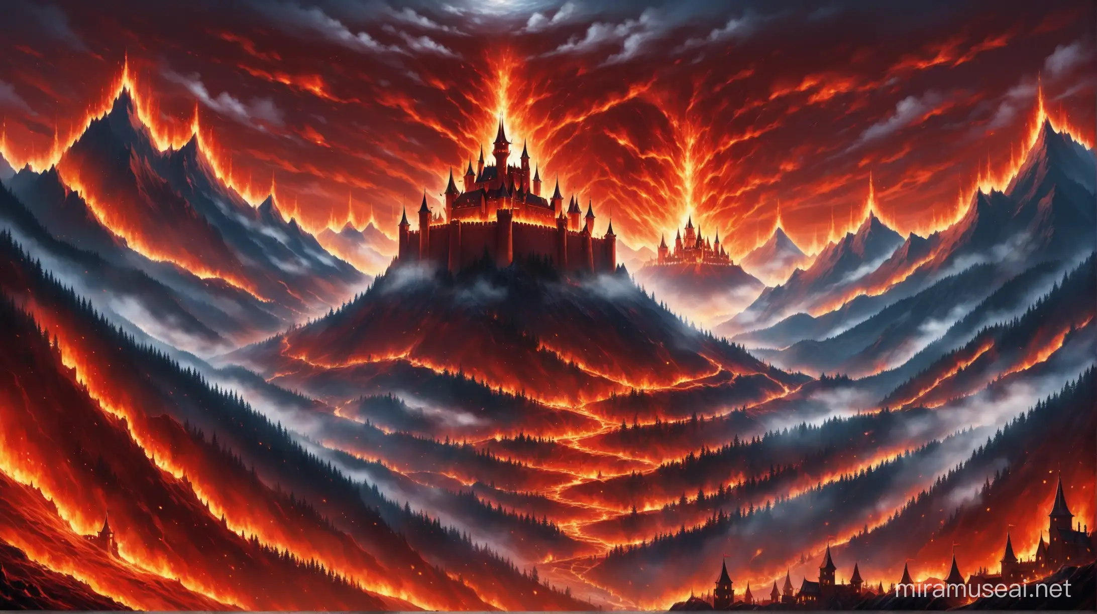 hell scene with mountain and castle