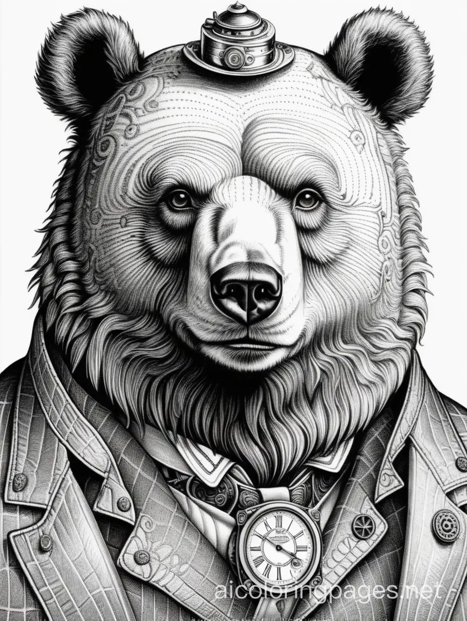 ((Halftone style)) ((stucki dithered)), black and white, a steampunk bear, highly detailed, Portrait View, looking straight ahead, Perfect composition golden ratio, masterpiece, best quality, 4k, sharp focus. Perfect anatomy, fully isolated inside of a white oval, Coloring Page, black and white, line art, white background, Simplicity, Ample White Space. The background of the coloring page is plain white to make it easy for young children to color within the lines. The outlines of all the subjects are easy to distinguish, making it simple for kids to color without too much difficulty