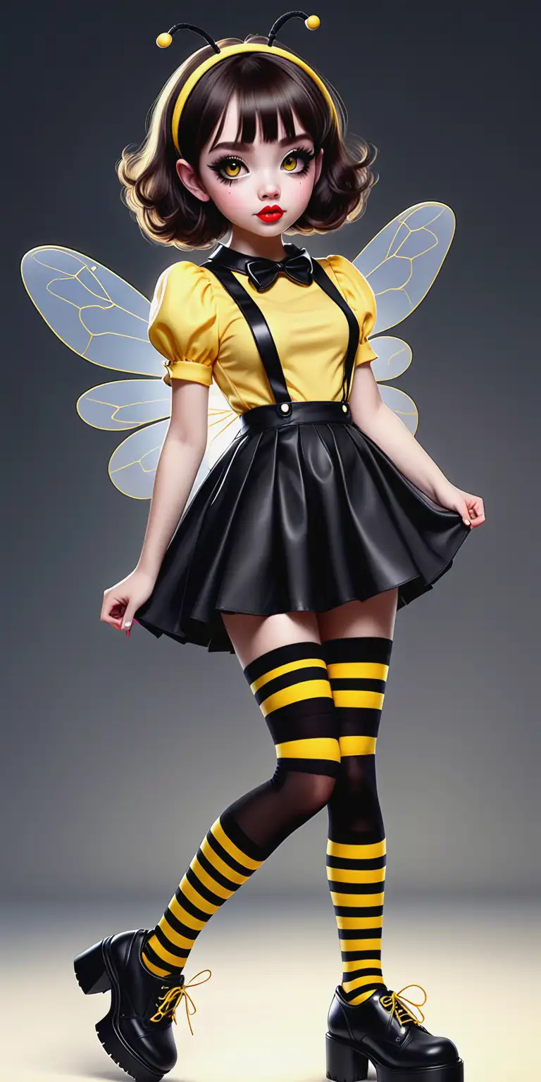 Create an enchanting and beautiful very trendy style bee kawaii girl. in a beautiful trendy black outfit. Lip gloss. Beautiful details factions. Bob cut short hair. Big eyes. Trendy shoes with yellow and black stripe knee high stocking. Complete hands. High quality. HD. no background. Thomas Kinkade style.