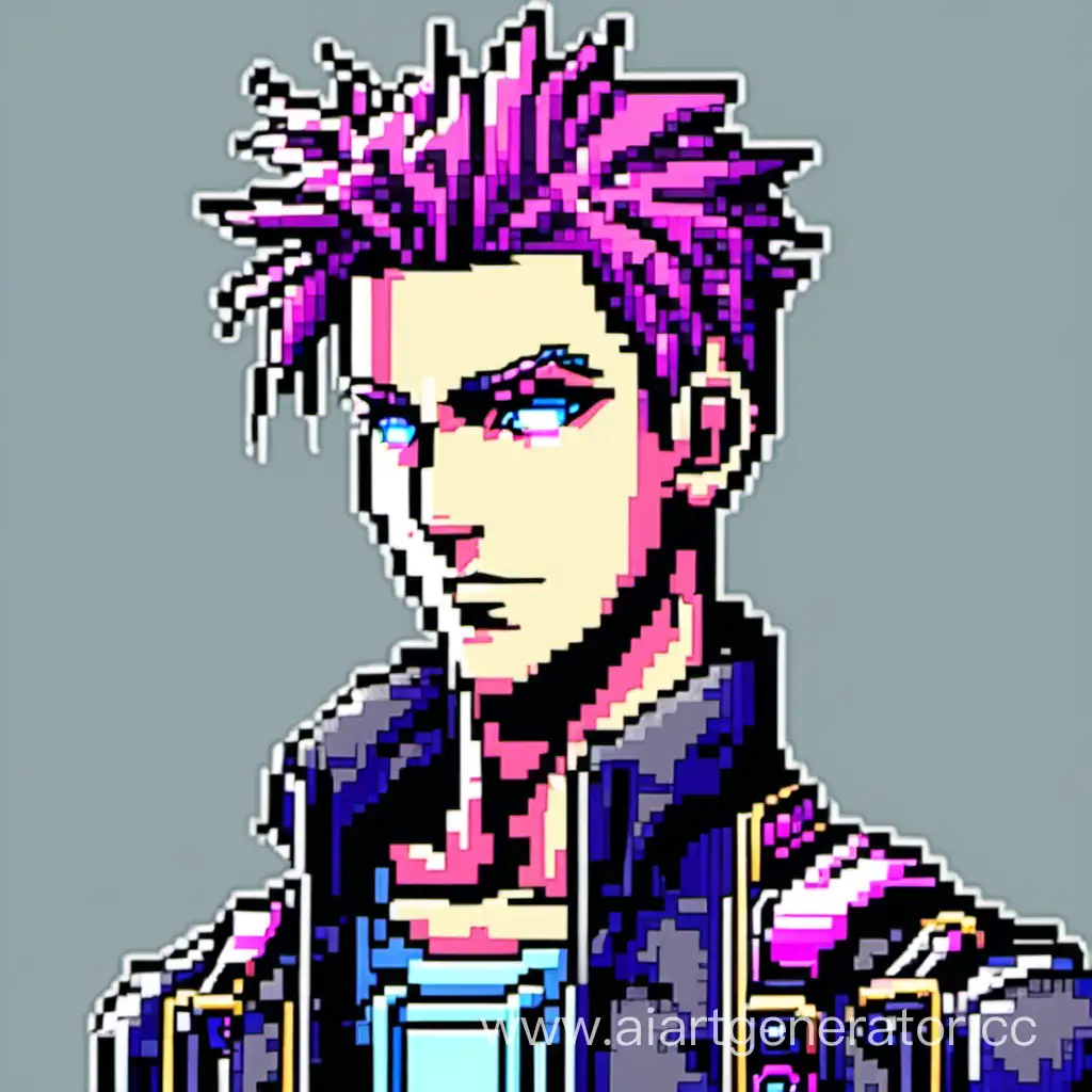pixel art character, anime style portrait, male character, cyberpunk style