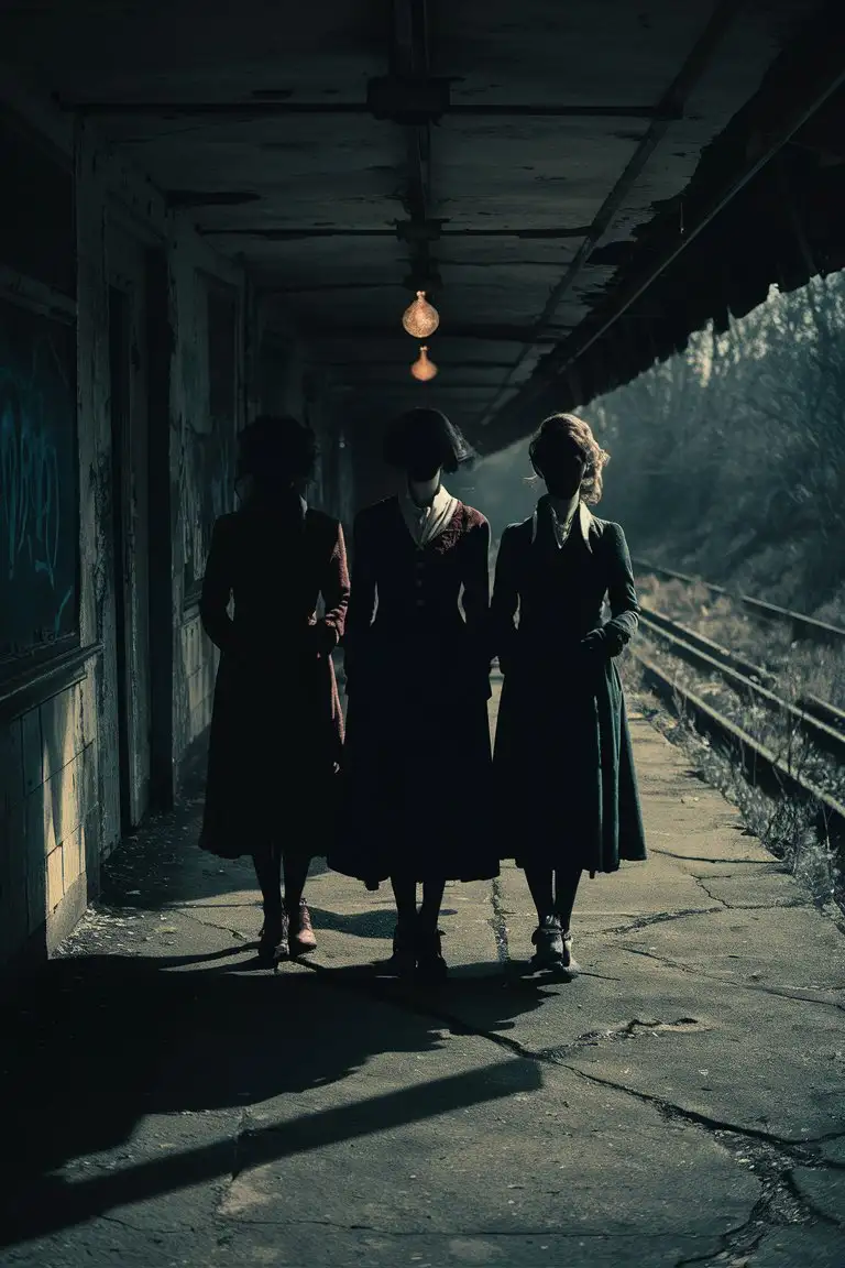 3 female silhouettes, empty and old Subway platform,  eerie lighting