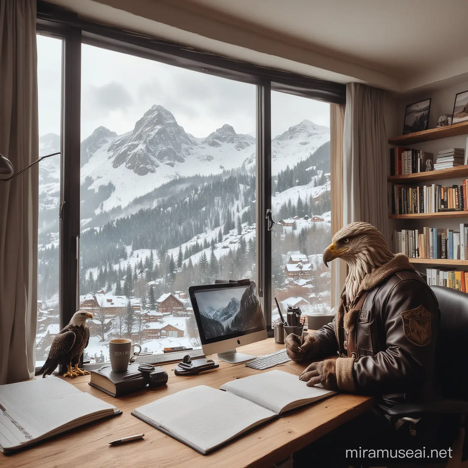 I want to make an image with a trader in front of two computer screens. Next to him he has a coffee mug, a notebook and a pen on it. On the wall of the room to have a bookcase with an eagle like statue on it. Outside the window of the room, a snowy alpine landscape can be seen

