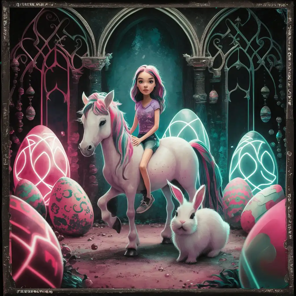 The adventures of a slim girl, her pony and her white  bunny , black and white color, coloring bok, colorful neon Easter eggs, watercolor, gothic style, detailed, shot on a 35 mm camera