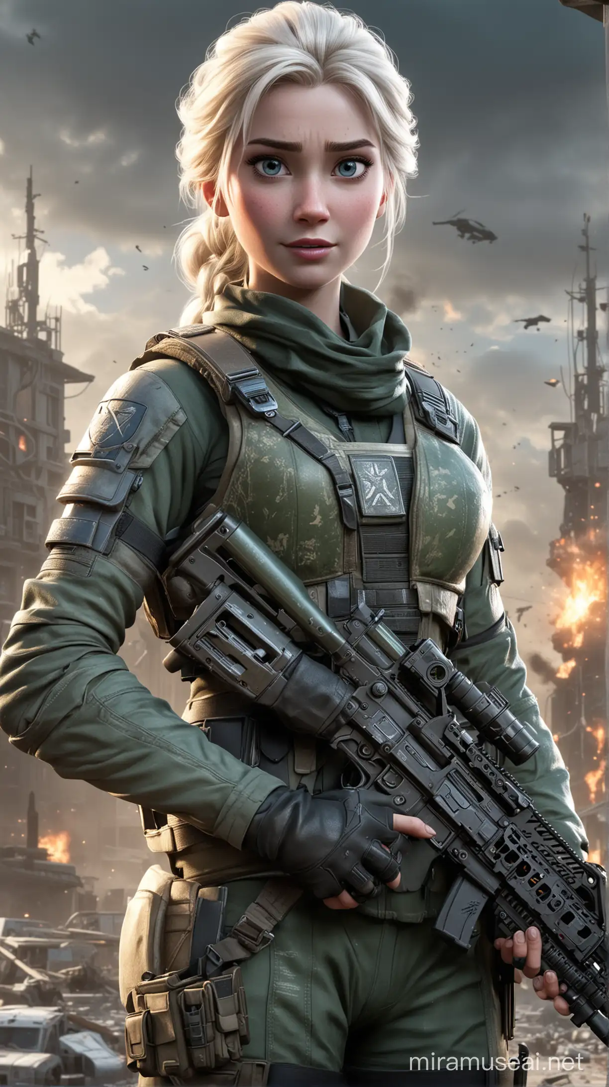 Elsa from Frozen as Call of Duty Operator Frozen Queen in Futuristic Military Gear