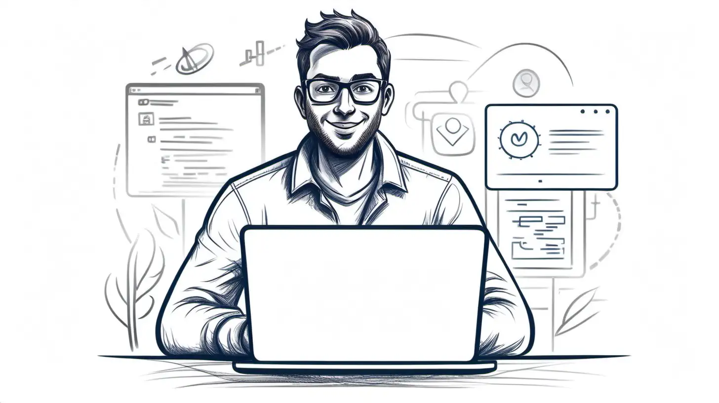 hero image for a portfolio site of a software developer. The developer is in his mid thirties. Use a sketch avatar of a software developer. The developer is enthusiastic.  Use a laptop in the design