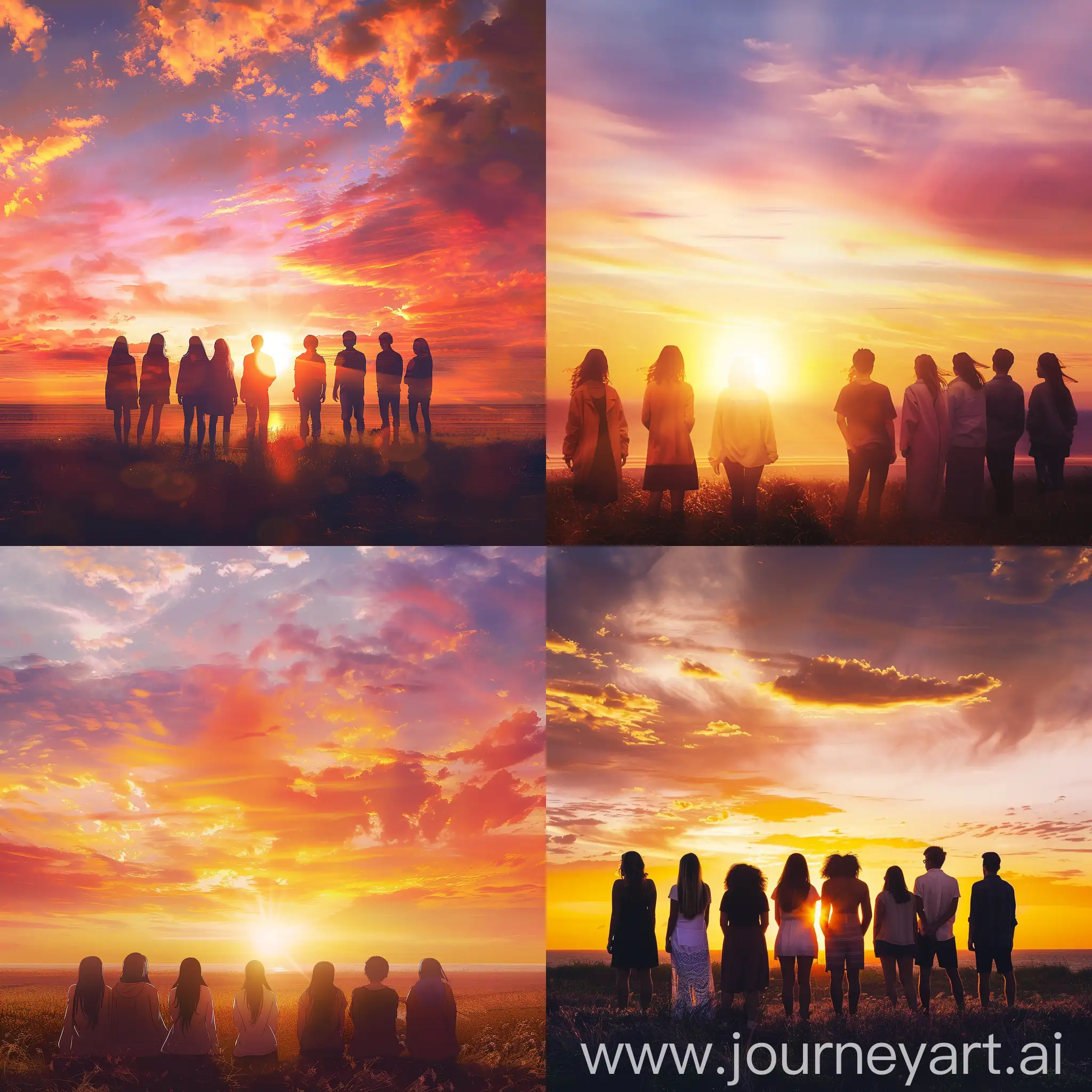 Visualize a serene scene capturing a poignant moment of connection and reflection. In the foreground, a group of eight friends is standing together, looking towards a breathtaking sunset. The group is composed of three women and five men, each with their own distinct but harmoniously blended appearances, reflecting a range of emotions and relationships. The women are on the left side, each embodying grace, thoughtfulness, and joy. The men are spread out to the right, showing a mix of contemplation, solidarity, and optimism.  They are silhouetted against the vibrant backdrop of the setting sun, which bathes the scene in a warm, golden light, painting the sky with shades of orange, pink, and purple. The environment around them is tranquil and vast, suggesting an open field or a quiet beach that emphasizes the moment's introspective nature. This composition not only highlights the beauty of the sunset but also the collective and individual journeys of the characters, symbolizing endings, beginnings, and the enduring strength of their bonds.  The image should capture the essence of farewell and hope, embodying the emotional depth and the unique dynamics of the group’s friendship. The focus is on the group's interaction with the environment and each other, portraying a shared experience that is both personal and universal.