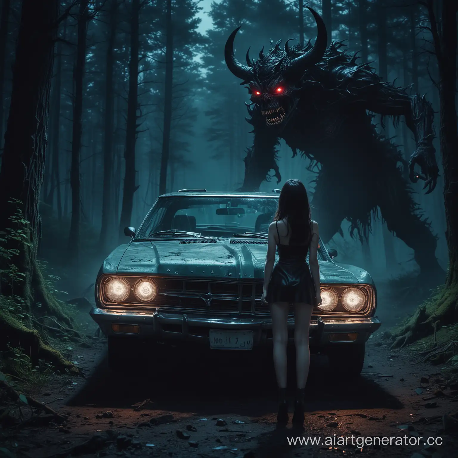 night forest car driving demon in the depths of the forest stands a girl demon