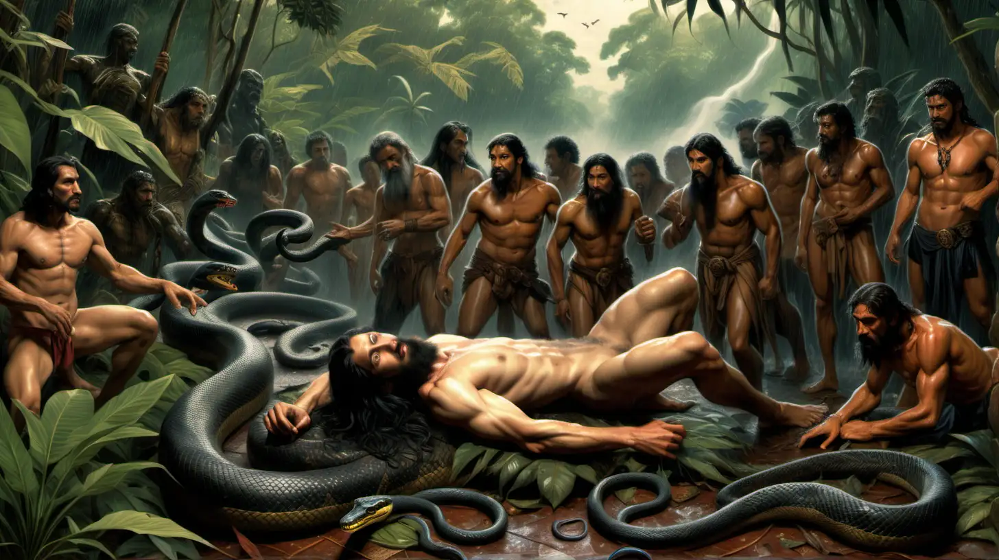 A 16th century Spanish man with black long hair, a black long beard, shirtless is lying on the ground of the Amazon jungle surrounded by 10 figures who are half human and half snake. It is raining and the scene is very humid.