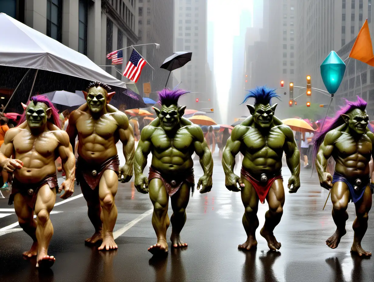  trolls, ogres, parading downtown NYC, summer rainstorm, Frank Frazetta style