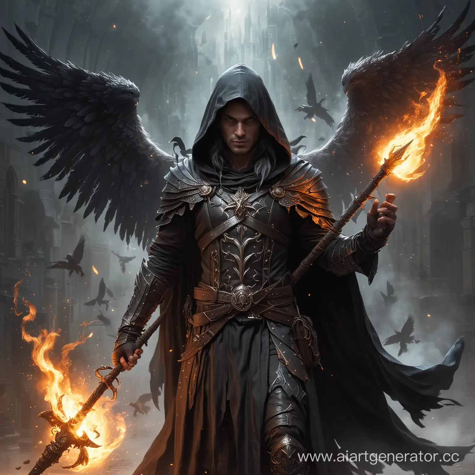 the magician Aasimar in a dark hood with a staff of fire and wings sticking out from behind