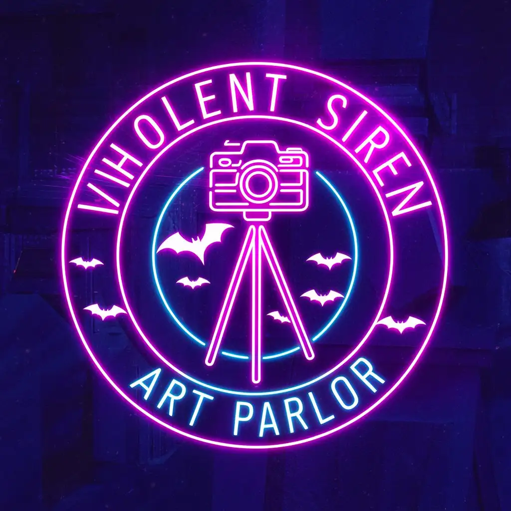 logo, camera on tripod, bats, neon, with the text "Viholent Siren Art Parlor", typography