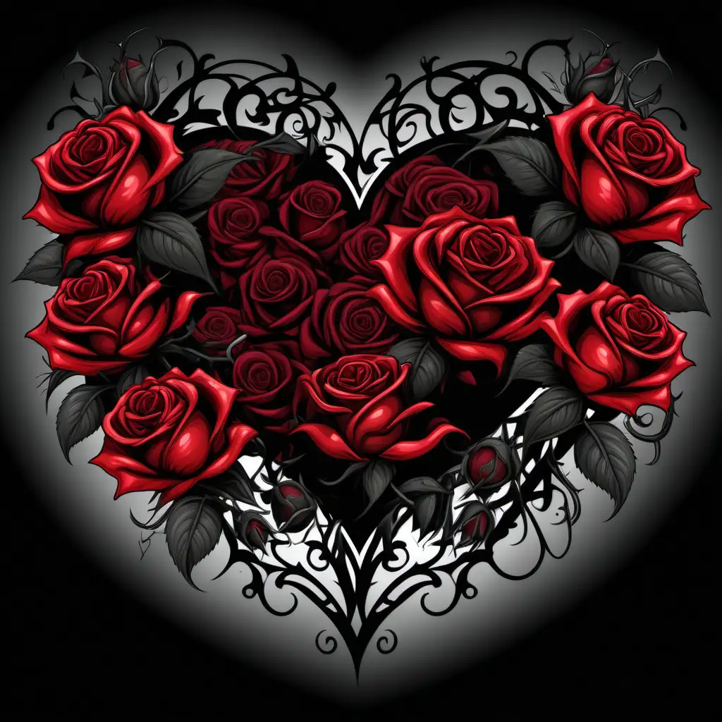 Elegant Gothic Floral Heart Clipart with Striking Red Roses