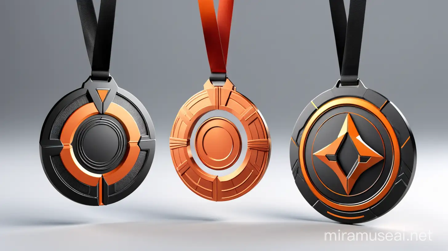 three futuristic medals in blac, orange and red