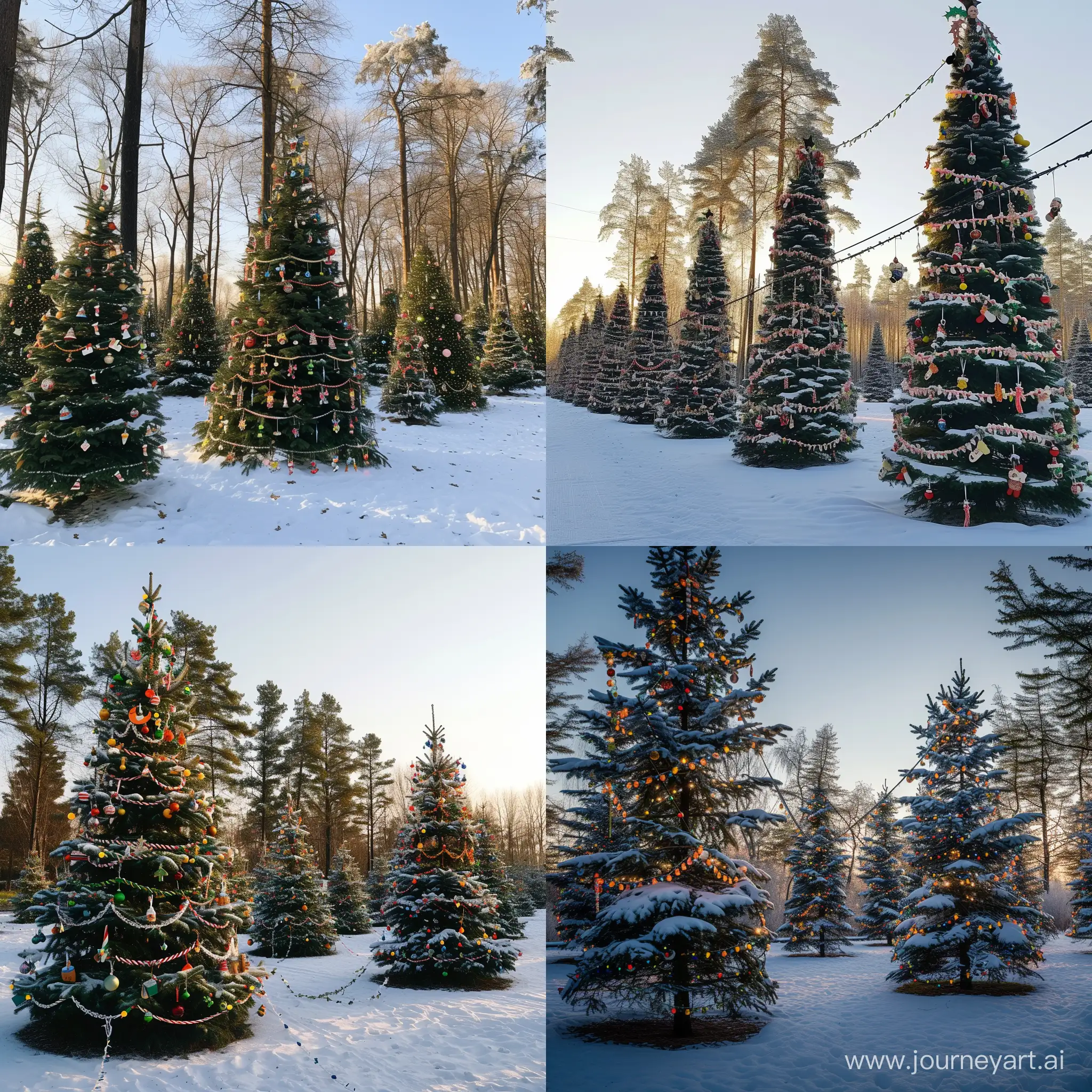 вечер, безоблачное небо, снег, все елки в лесу украшены по новогоднему большим количеством гирлянд и игрушек