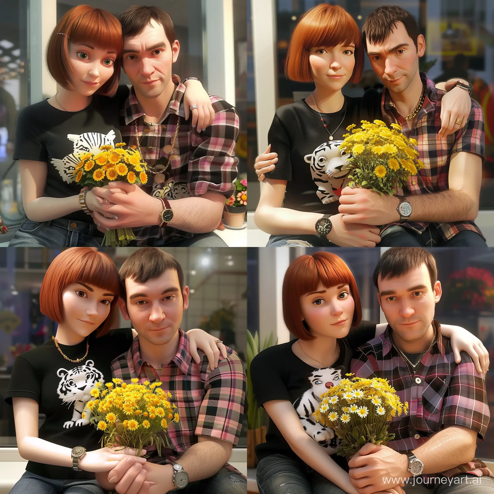Romantic-Couple-in-PixarStyle-Cartoon-RedHaired-Girl-with-Daisies-and-Guy-with-Plaid-Shirt