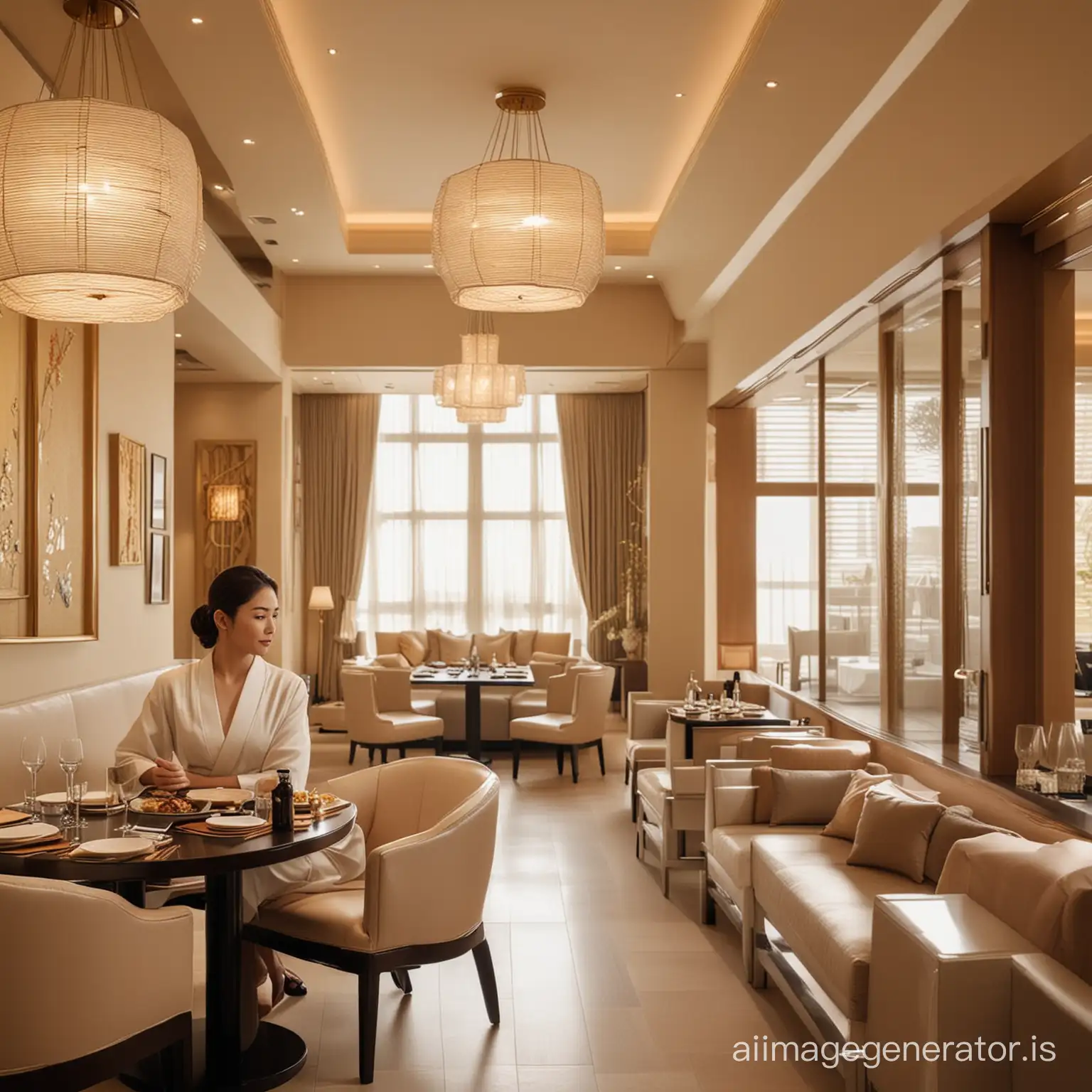 luxury woman in an interior  luxury JAPANESE  restaurant in a 5 star hotel in Bahrain, the interior is bright with light colors and classic furniture. 