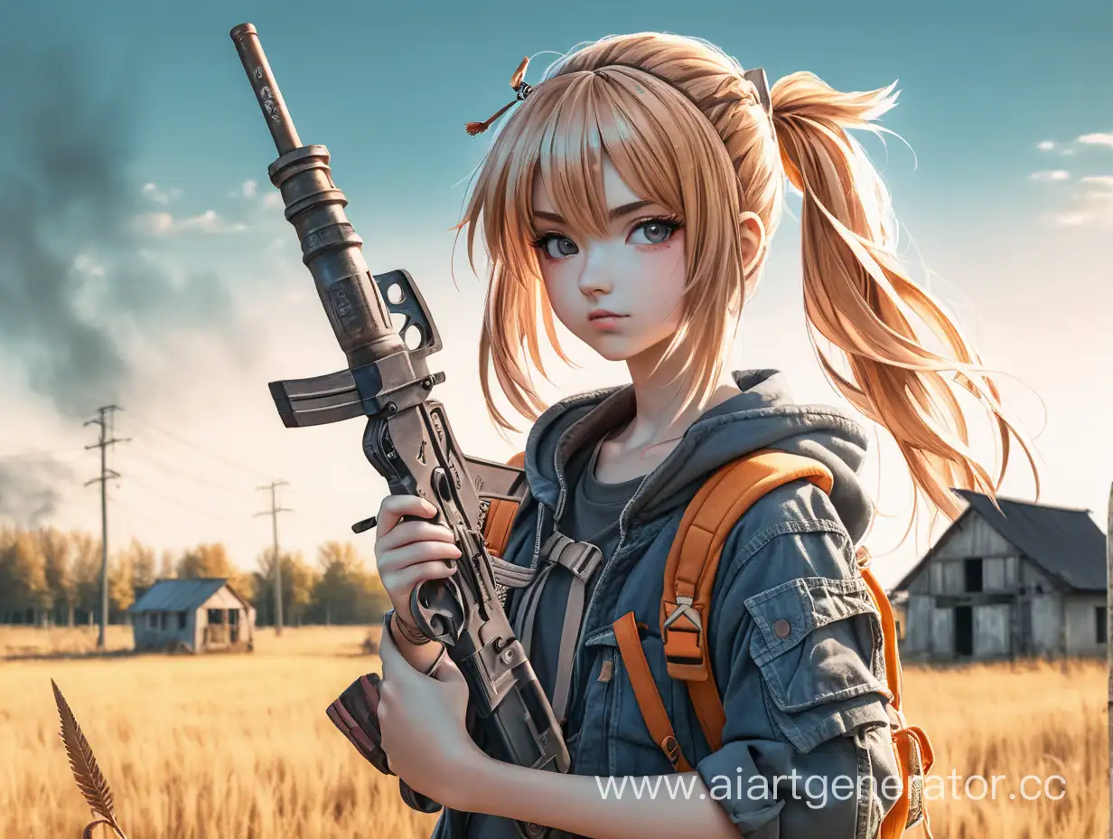 Anime-Style-Bright-Girl-Wielding-Weapon-in-PostApocalyptic-Village-Landscape