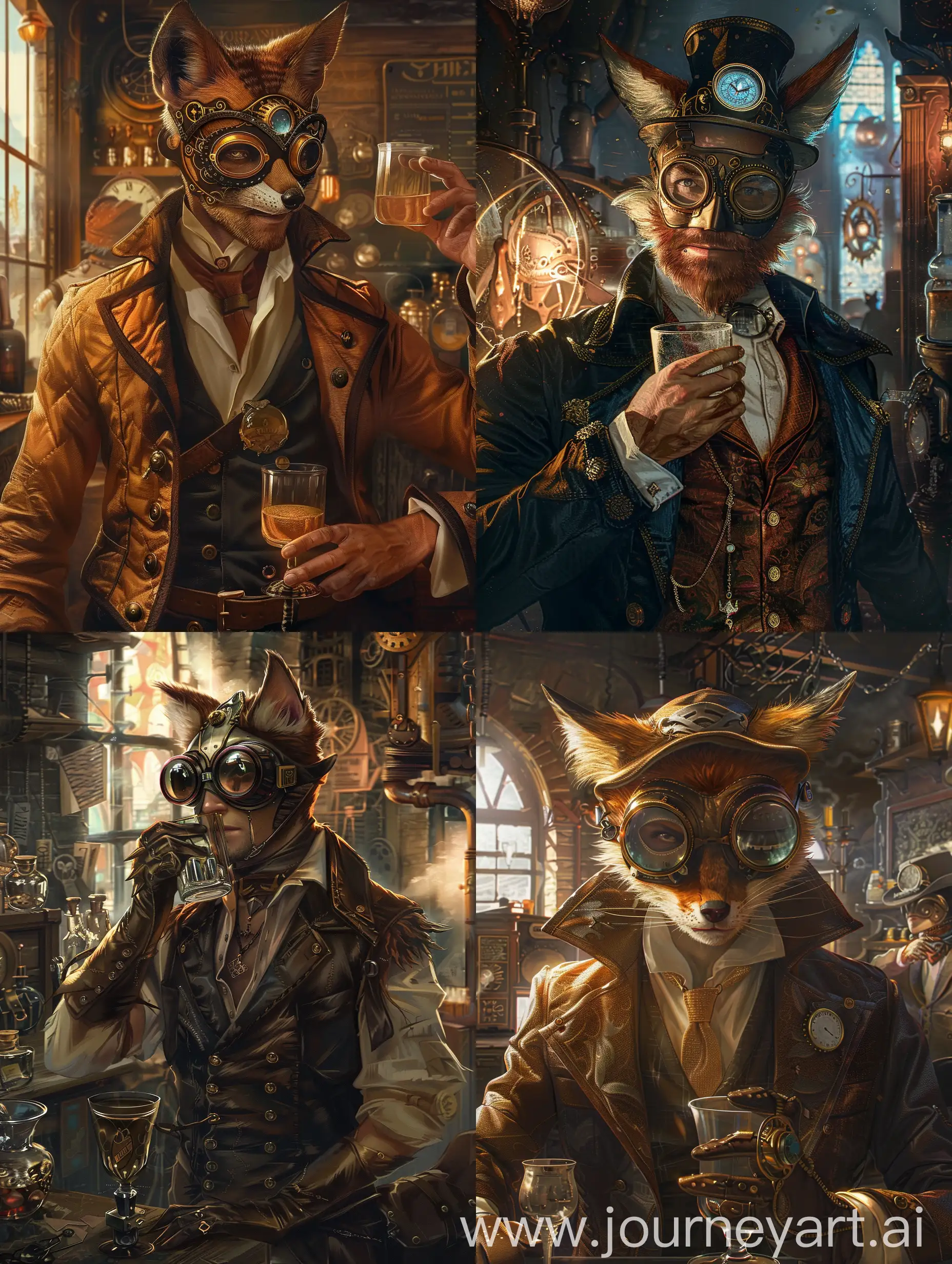 quality,anime art, steampunk theme, panorama 16:32,man with glass and foxy mask