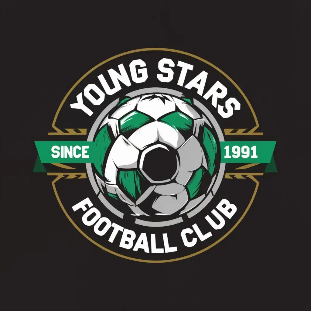 a logo design,with the text "young stars football club and slogan of logo is since 1991", main symbol:football and color o logo is green and black,Moderate,be used in Sports Fitness industry,clear background