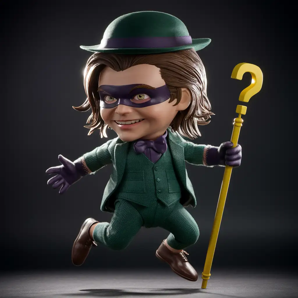 one character, super deformed, 3d character, high definition, detailed, shading, dramatic lighting, rim light, back light, DC comics the riddler, comic the riddler, 3/4 face facing left, looking at audience, sideways body, jumping, one hand on hat, green bowl hat with a question mark, one hand on a staff, sturdy yellow staff with a yellow question mark on top, wears green three piece suit and trousers, wears dark purple neck tie, slicked back medium length brown hair that is messy in the back, wears dark purple hand gloves, wears dark purple eye mask, wears brown dress shoes, playful attitude
