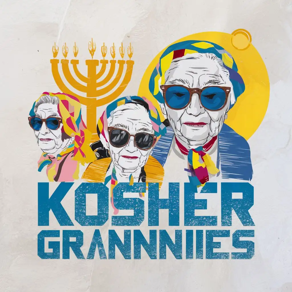 LOGO-Design-For-Kosher-Grannies-Vibrant-Yellow-Blue-with-Jewish-Grandmothers-and-Menorah-Theme