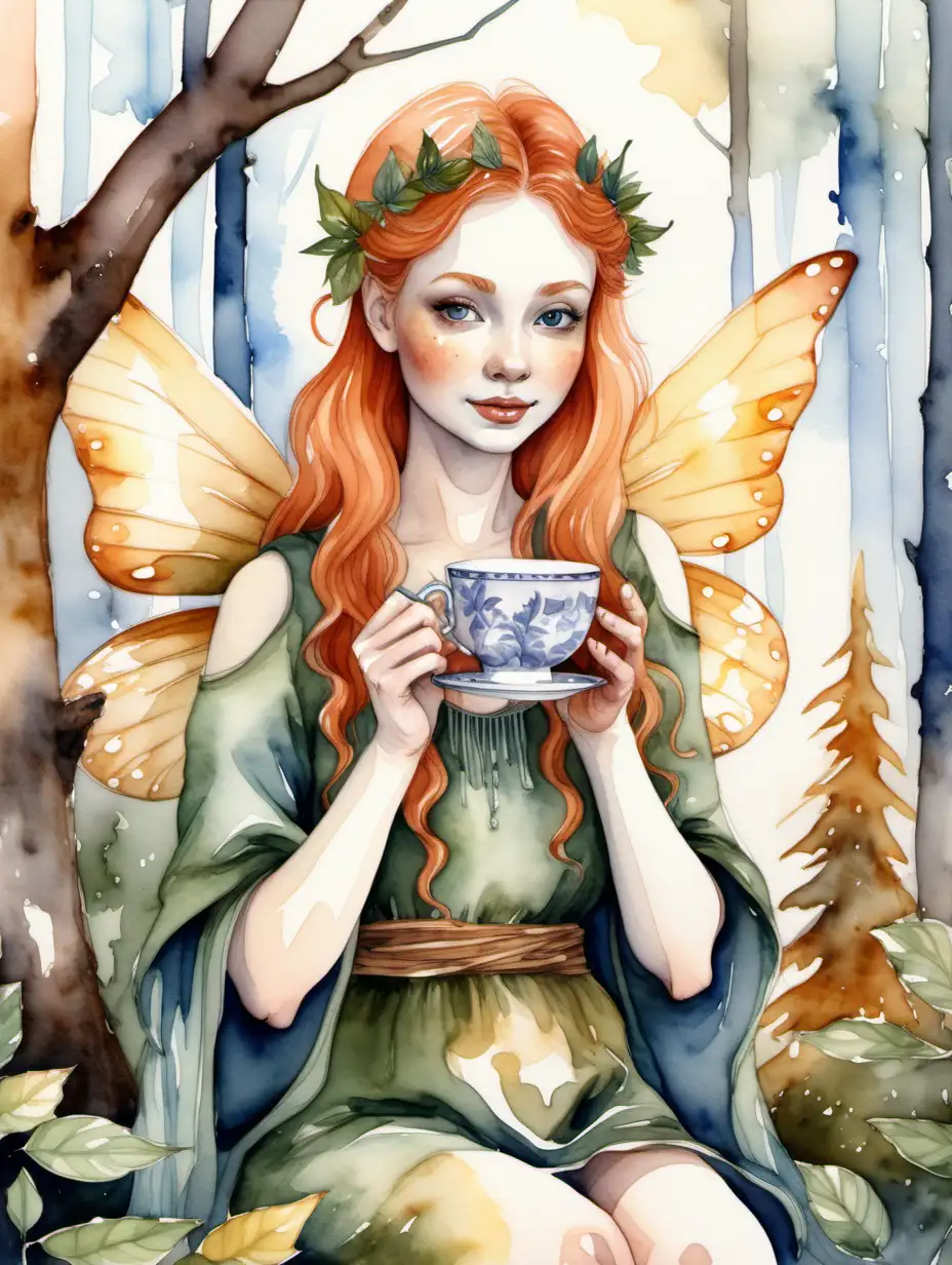 Beautiful ginger fairy drinking tea from a cup in forest village, her hands look normal, in watercolor theme